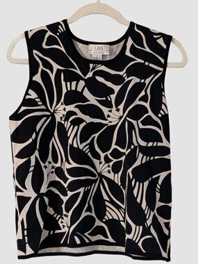 LBA Studio Silk Blend Black & White Floral Sleeveless Top Beaded L Classic